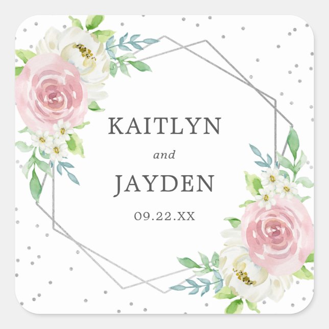 Chic Geometric Silver Foil Floral Wedding Quadratischer Aufkleber (Vorderseite)
