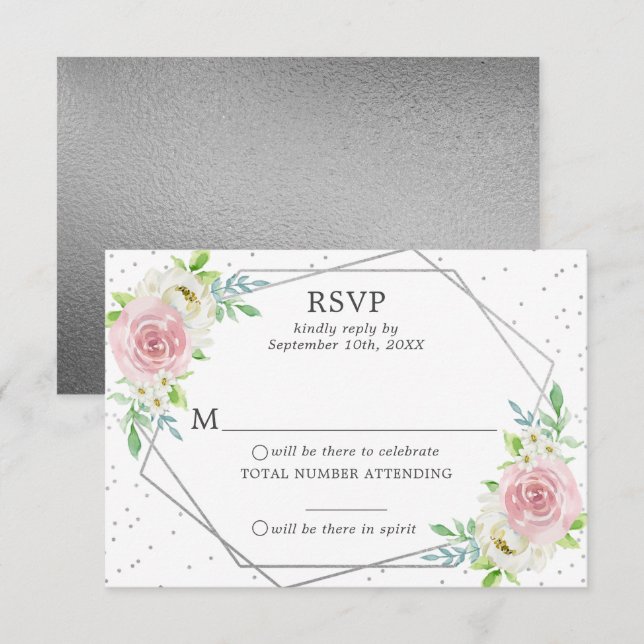 Chic Geometric Silver Foil Floral Wedding RSVP Einladung (Vorne/Hinten)