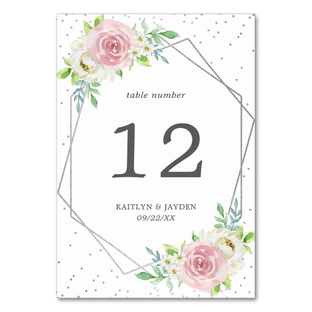 Chic Geometric Silver Foil Floral Wedding Tischnummer (Vorderseite)