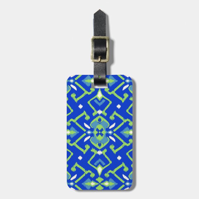 Chic geometrisch-grünes blaues Ikat-Stammmuster Gepäckanhänger (Vorderseite vertikal)