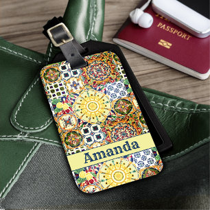 Chic geometrisch mediterrane orangefarbene Fliesen Gepäckanhänger