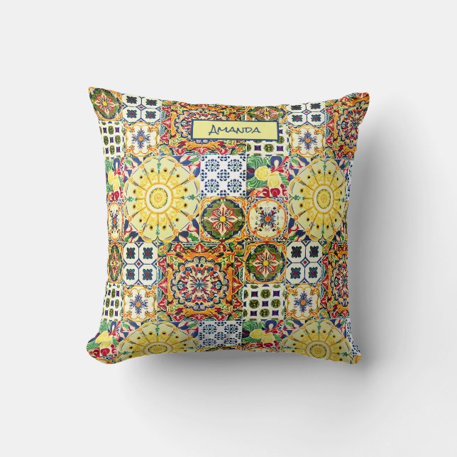 Chic geometrisch mediterrane orangefarbene Fliesen Kissen (Vorderseite)