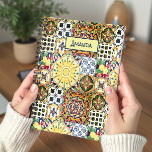 Chic geometrisch mediterrane orangefarbene Fliesen Notizbuch