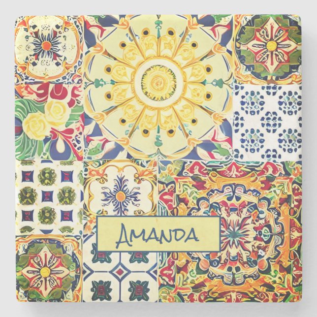 Chic geometrisch mediterrane orangefarbene Fliesen Steinuntersetzer (Vorderseite)