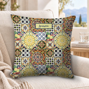Chic geometrische mediterrane orangefarbene Fliese Kissen