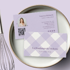 Chic Gingham Purple Bakery QR Photo Visitenkarte
