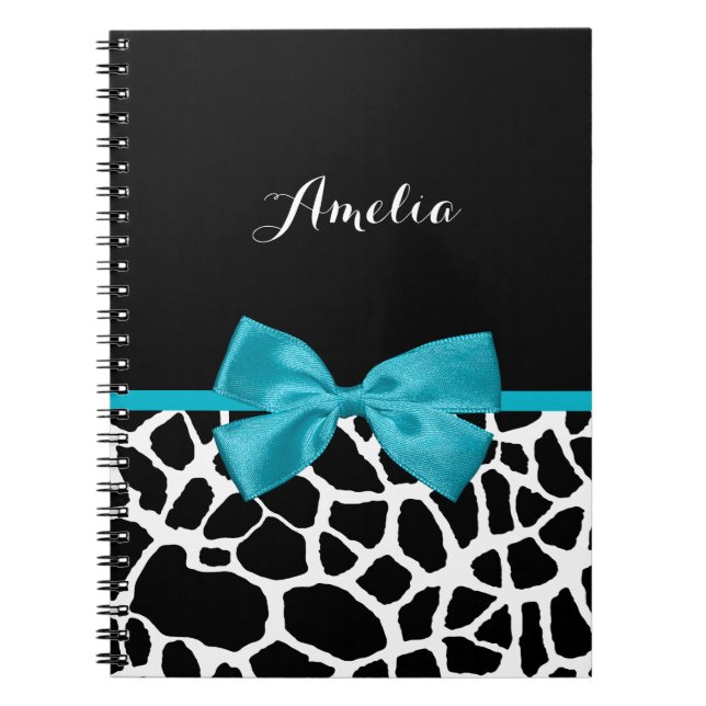 Chic Giraffe Print Aqua Blue Ribbon Bogen mit Name Notizblock (Vorderseite)
