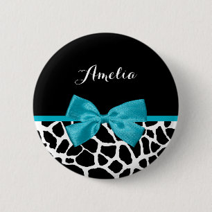 Chic Giraffe Print Aqua Blue Ribbon Bow mit Namen Button