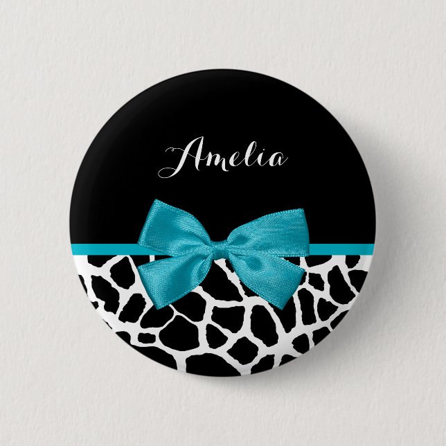 Chic Giraffe Print Aqua Blue Ribbon Bow mit Namen Button (Vorderseite)