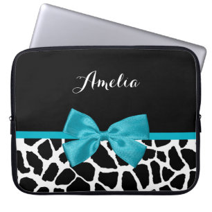 Chic Giraffe Print Aqua Blue Ribbon Bow mit Namen Laptopschutzhülle