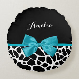 Chic Giraffe Print Aqua Blue Ribbon Bow mit Namen Rundes Kissen