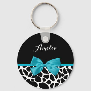Chic Giraffe Print Aqua Blue Ribbon Bow mit Namen Schlüsselanhänger
