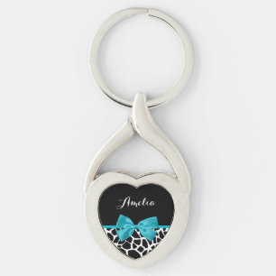 Chic Giraffe Print Aqua Blue Ribbon Bow mit Namen Schlüsselanhänger