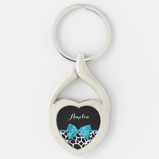 Chic Giraffe Print Aqua Blue Ribbon Bow mit Namen Schlüsselanhänger (Vorderseite)