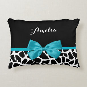 Chic Giraffe Print Aqua Blue Ribbon Bow mit Namen Zierkissen