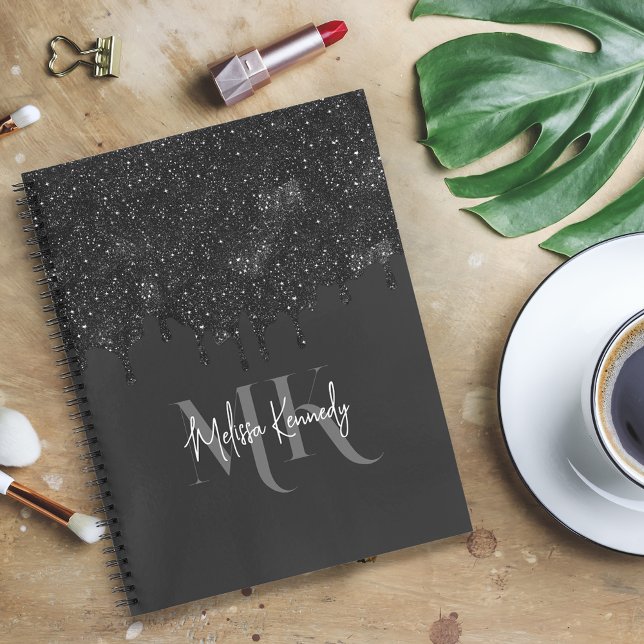 Chic Girl Black Glitzer Tropfen Monogram mit Name Notizbuch (Von Creator hochgeladen)