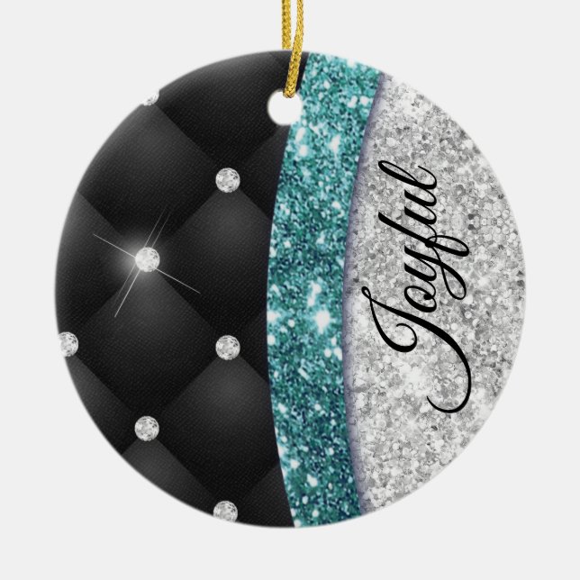 Chic Girl Imitate Silver Glitzer Schwarz aquamarin Keramik Ornament (Vorne)