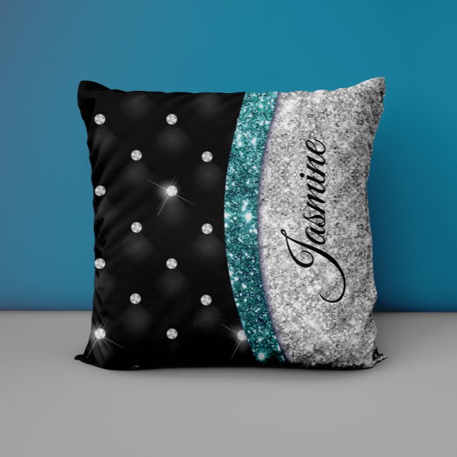 Chic Girl Imitate Silver Glitzer Schwarz aquamarin Kissen (Von Creator hochgeladen)