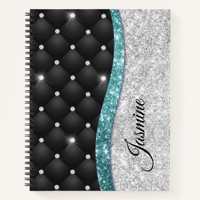 Chic Girl Imitate Silver Glitzer Schwarz aquamarin Notizbuch (Vorderseite)