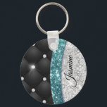 Chic Girl Imitate Silver Glitzer Schwarz aquamarin Schlüsselanhänger<br><div class="desc">Ein cooles mädchenhaftes Imitat aquamarin türkisfarben Aqua Glitzer und Nashörner mit schwarzem Tuffstein-Design. Eleganter Glitzer Monogram Schlüsselanhänger. Personalisieren Sie es mit Ihrem Namen, Monogramm oder anderen gewünschten Text. Das macht den perfekten 16 Geburtstag, Hochzeit, Brautparty, Jubiläum, Babydusche oder Junggeselinnen-Abschied Geschenk für jemanden, der Lieben glamourösen Luxus und schicke Stile. Ob...</div>