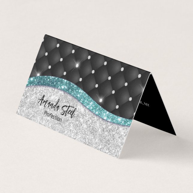 Chic Girl Imitate Silver Glitzer Schwarz aquamarin Visitenkarten (Vorderseite)