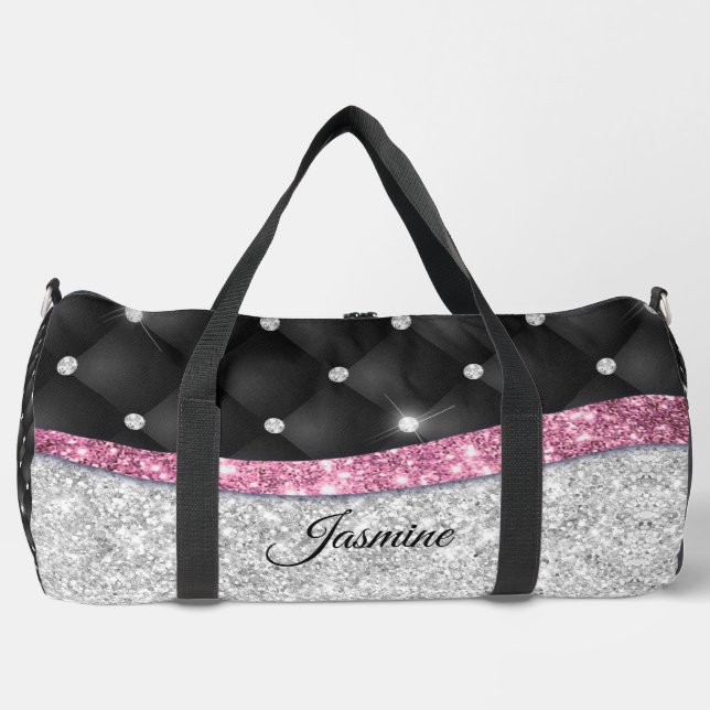 Chic Girl Imitate Silver Glitzer Schwarz Pink Mono Duffle Bag (Vorderseite)
