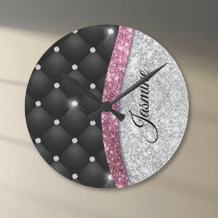 Chic Girl Imitate Silver Glitzer Schwarz Pink Mono Runde Wanduhr