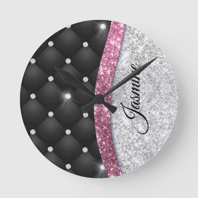 Chic Girl Imitate Silver Glitzer Schwarz Pink Mono Runde Wanduhr (Vorderseite)
