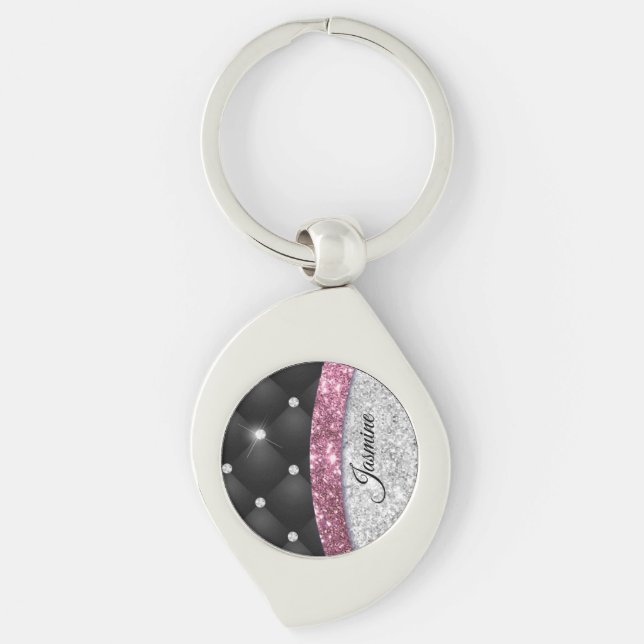 Chic Girl Imitate Silver Glitzer Schwarz Pink Mono Schlüsselanhänger (Vorderseite)