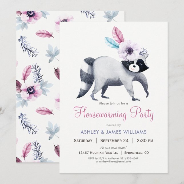 Chic Girl Raccoon Housewarming Party Einladung (Vorne/Hinten)