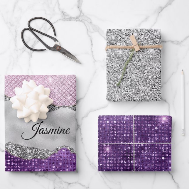Chic Girl Silver Glitzer lila Geschenkpapier Set (Vorderseite)