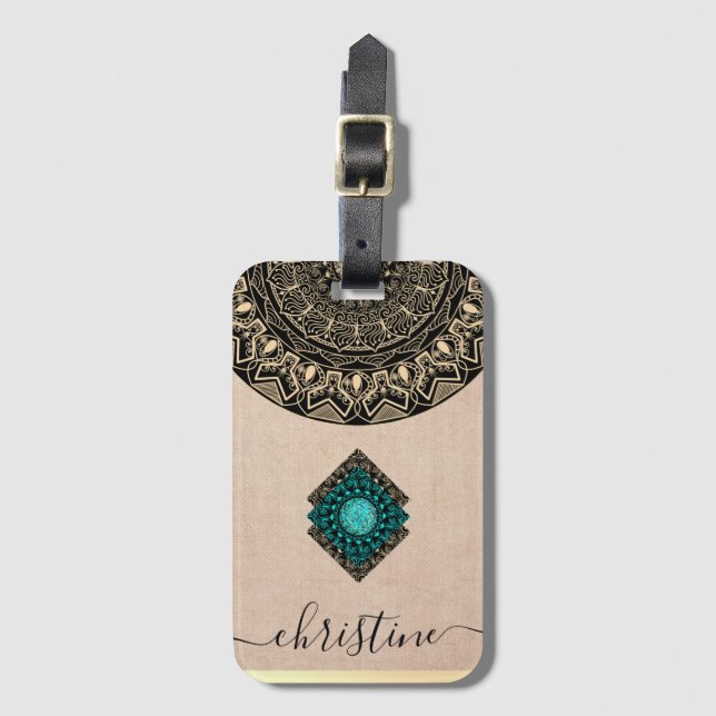 Chic Girly Black Gold Mandala Skript Name Gepäckanhänger (Vorderseite Vertikal)
