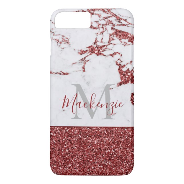 Chic Girly Burgundy Pink Glitzer Marmormongramm Case-Mate iPhone Hülle (Rückseite)