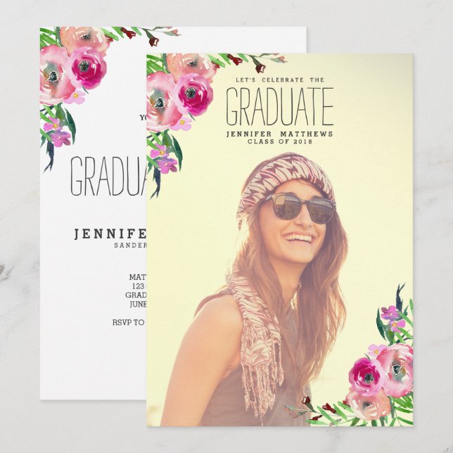 Chic Girly Floral Foto Graduation Party Einladung (Vorne/Hinten)