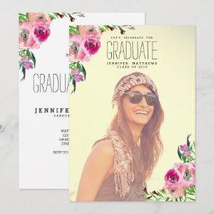 Chic Girly Floral Foto Graduation Party Einladung