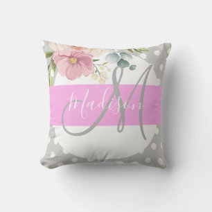 Chic & Girly Floral Weiß Pink Grau Monogramm Name Kissen