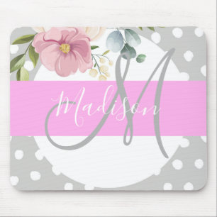 Chic & Girly Floral Weiß Rosa Grau Monogramm Name Mousepad