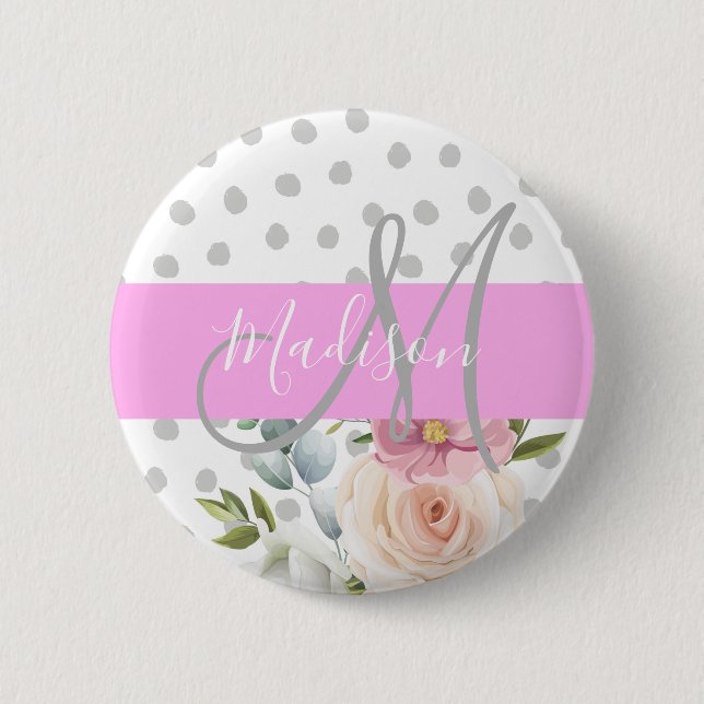 Chic & Girly Floral White Pink Grau Monogramm Name Button (Vorderseite)