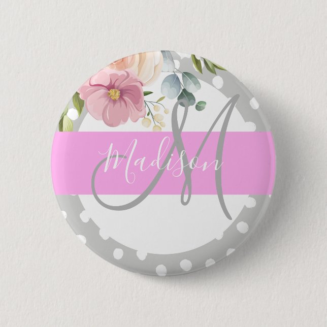 Chic & Girly Floral White Pink Grau Monogramm Name Button (Vorderseite)