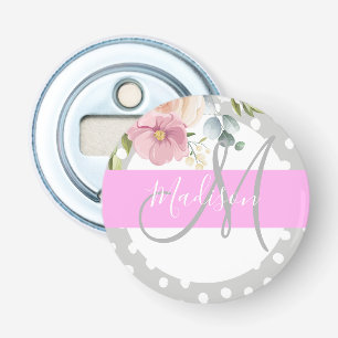 Chic & Girly Floral White Pink Grau Monogramm Name Flaschenöffner