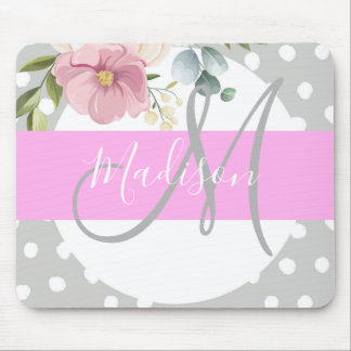 Chic & Girly Floral White Pink Grau Monogramm Name Mousepad