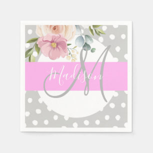 Chic & Girly Floral White Pink Grau Monogramm Name Serviette