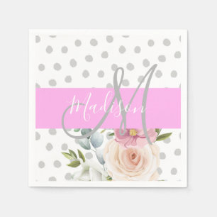 Chic & Girly Floral White Pink Grau Monogramm Name Serviette