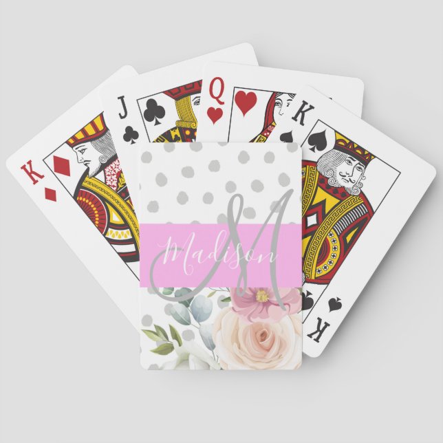 Chic & Girly Floral White Pink Grau Monogramm Name Spielkarten (Rückseite)