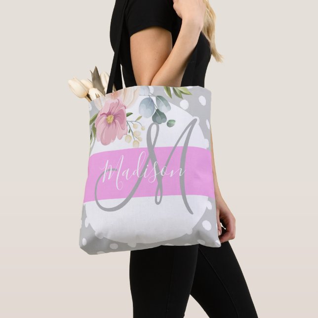 Chic & Girly Floral White Pink Grau Monogramm Name Tasche (Von Nahem)