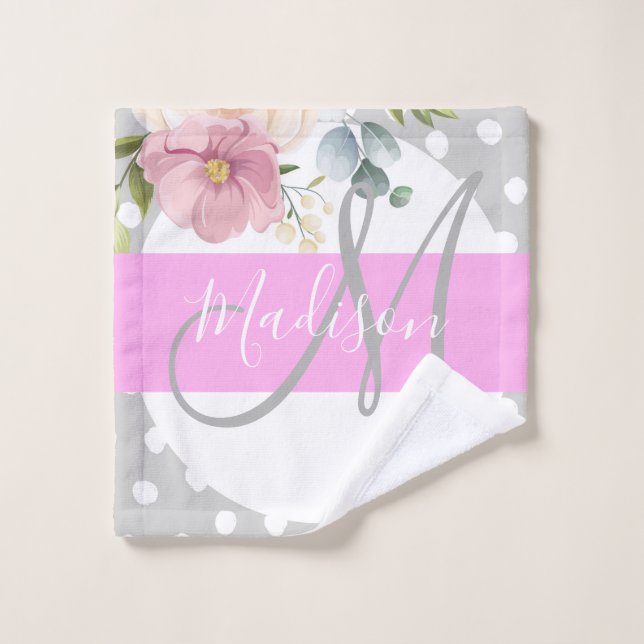 Chic & Girly Floral White Pink Grau Monogramm Name Waschlappen (Waschlappen)