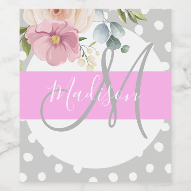 Chic & Girly Floral White Pink Grau Monogramm Name Weinetikett (Einzelnes Label)