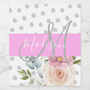 Chic & Girly Floral White Pink Grau Monogramm Name Weinetikett