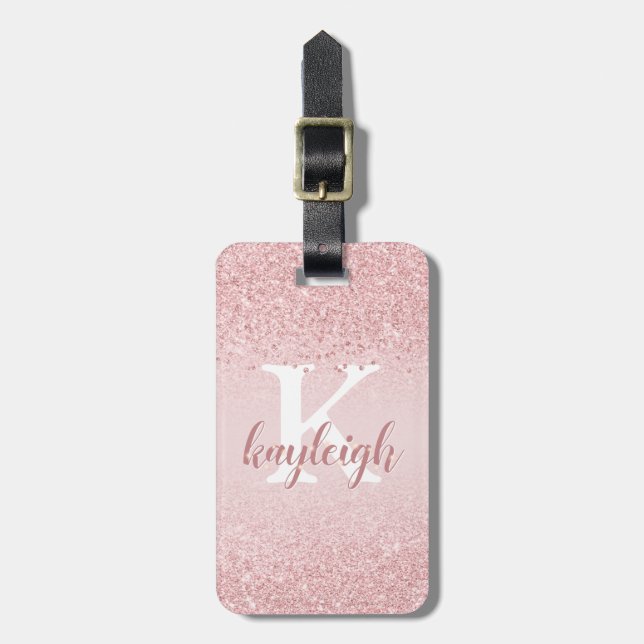 Chic Girly Glitzer Rose Gold Sparkname Monogramm Gepäckanhänger (Vorderseite vertikal)