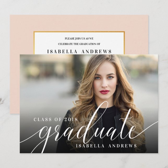 Chic Girly Hand Letted Script Foto Abschluss Einladung (Vorne/Hinten)